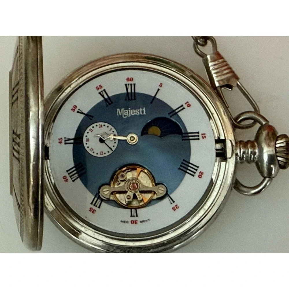 2002 Majesti Pocket Watch with Inscription In Back As is Chain Silver Tone Blue